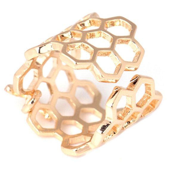 Bee Honeycomb Open Hexagon Gold Steel Ring - Adj. - Picture 5 of 5